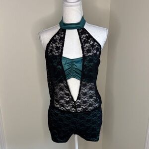 Reverence Two Piece Black and Teal Lace Halter Costume. Medium